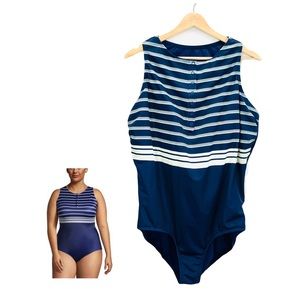 Lands End Navy Blue White Plus Size No Wire High Neck Swimsuit Size 20W
